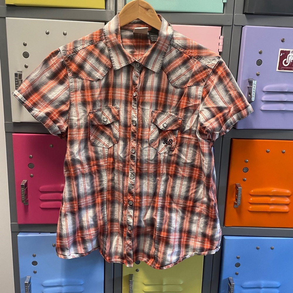 Harley-Davidson Orange and Gray Plaid Shirt